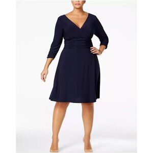 NY Collection Womens Plus Size 3X Navy Ruched Waist Dress 3/4 Sleeve V Neck NEW